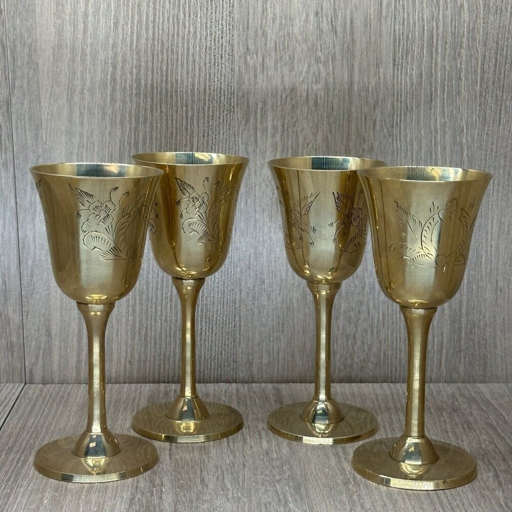 MJK Handicrafts Set Of 4 Gold-Plated Wine Goblets With Etched Floral Design